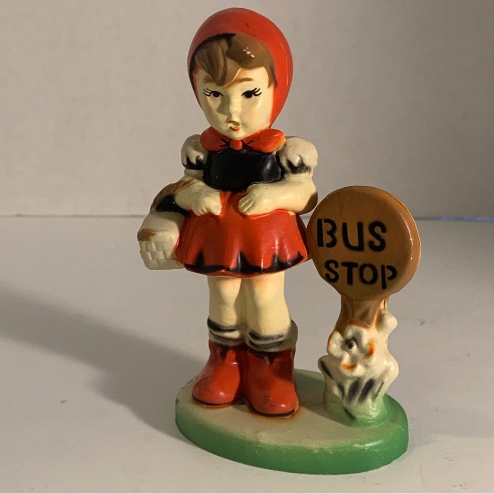 Vintage Bus Stop Girl Figurine Resin Standing 4” Tall Red Outfit Green Base